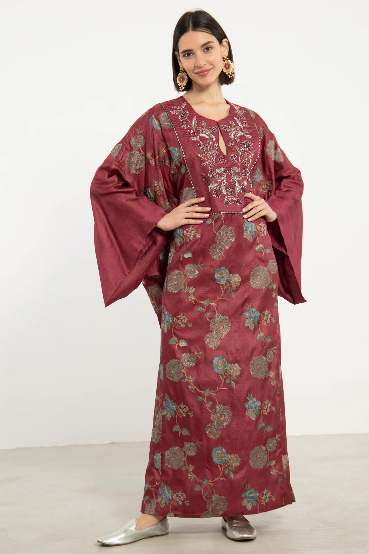 Kawthar Silk Hand Embroidered Burgundy Dress